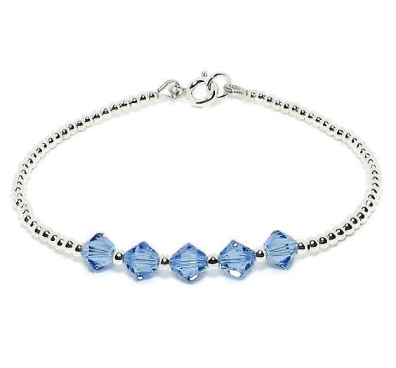 Sparkly Light Blue Sapphire Crystals & Sterling Silver Dainty Beaded Bracelet