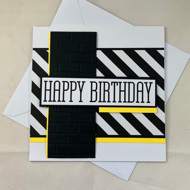 Square black and white text Happy Birthday card