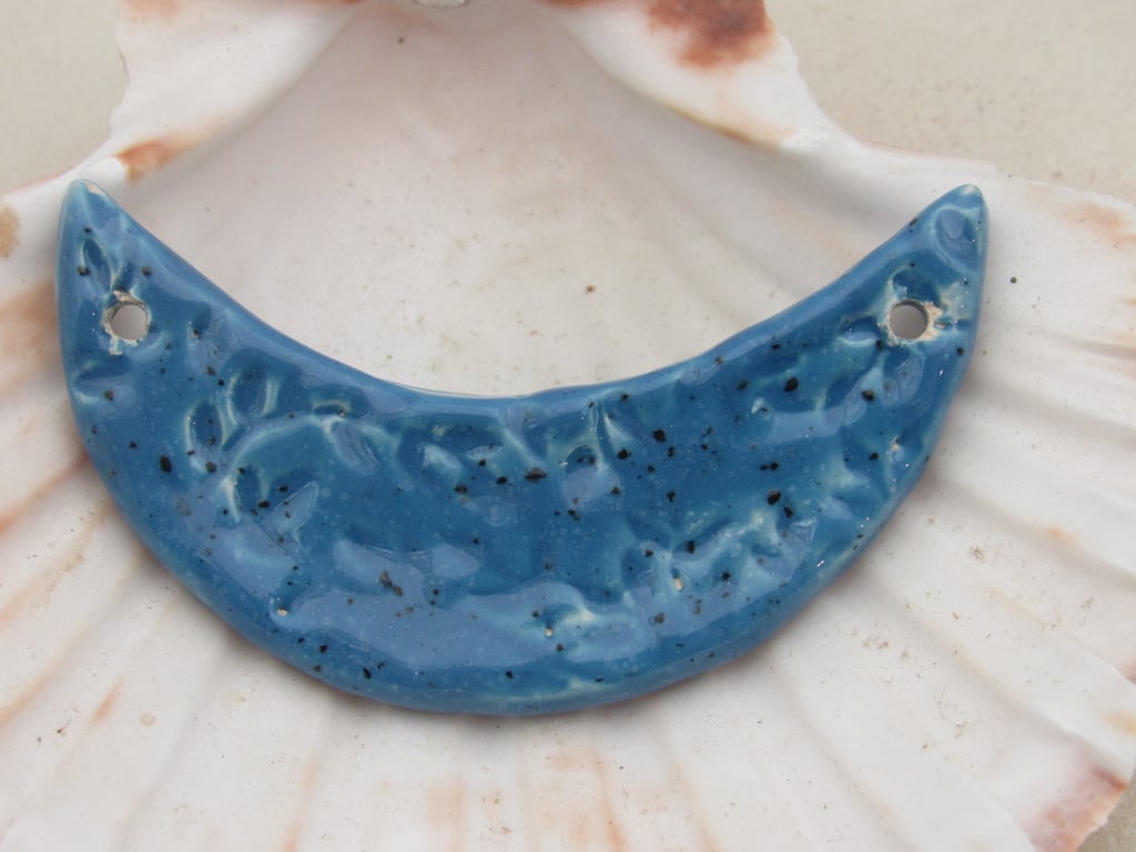 Cornflower Blue Leaf Pattern Ceramic Crescent Bib Pendant