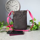Brown Recycled Denim Phone Bag - Mini Cross Body Jeans Phone Bag (P&P incl)