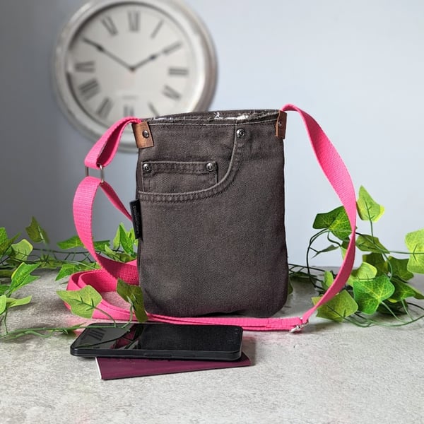 Brown Recycled Denim Phone Bag - Mini Cross Body Jeans Phone Bag (P&P incl)