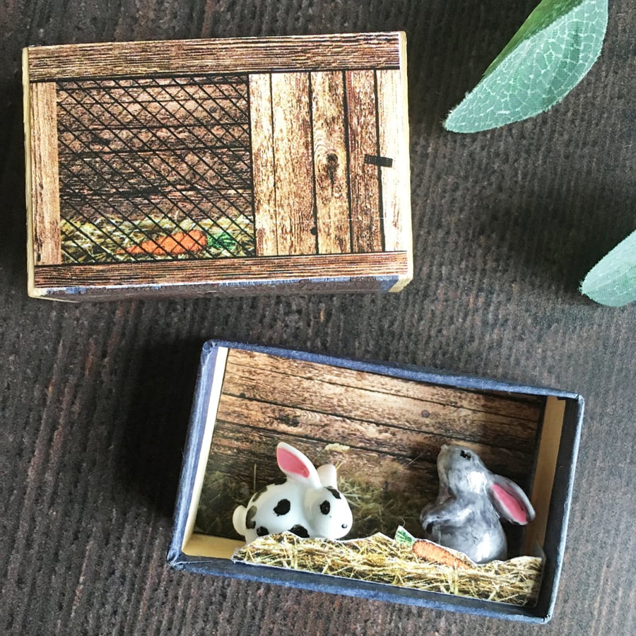 Matchbox art. Diorama -  Rabbits in hutch