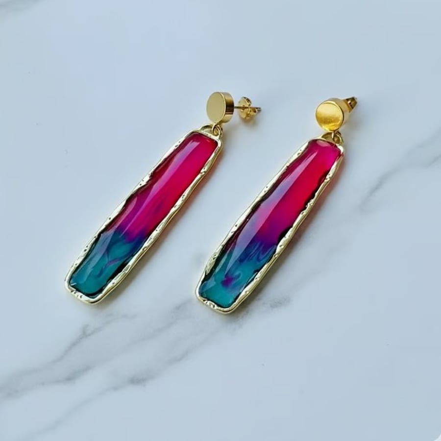 Organic Long Gold Rectangle Fuchsia & Turquoise Resin Earrings 