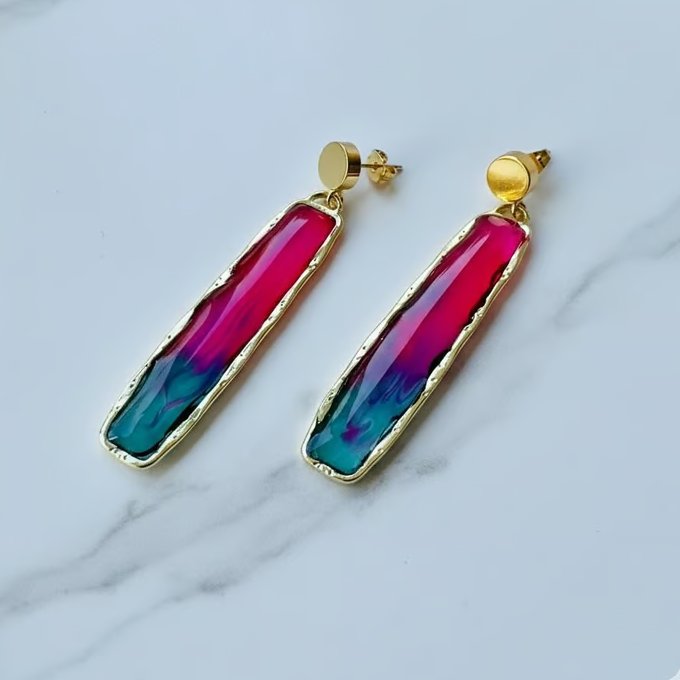 Organic Long Gold Rectangle Fuchsia & Turquoise Resin Earrings 