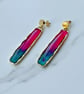 Organic Long Gold Rectangle Fuchsia & Turquoise Resin Earrings 