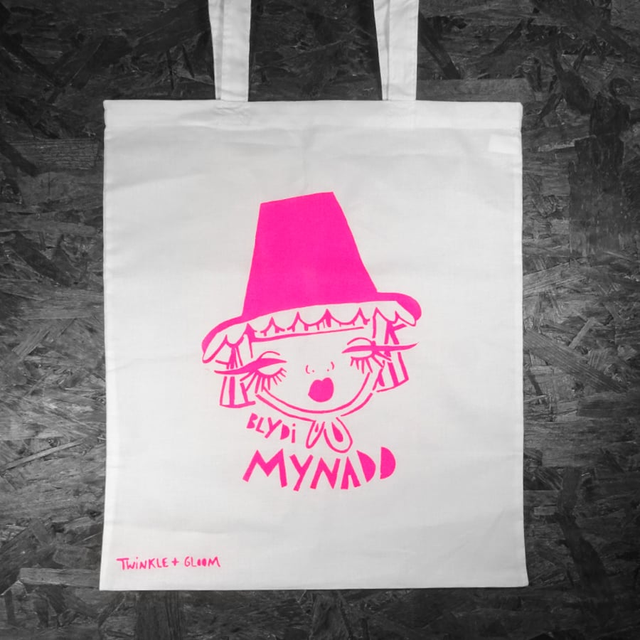 'Blydi Mynadd- Welsh Lady' Handprinted Tote Bag (white)