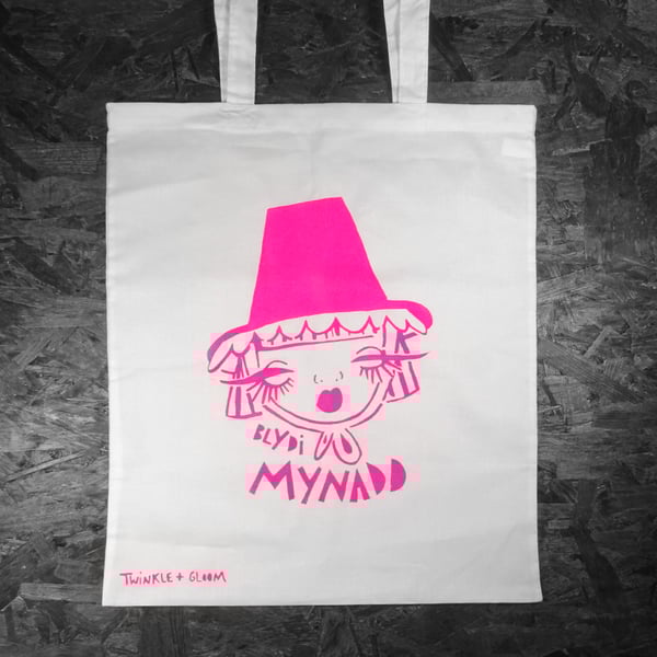 'Blydi Mynadd- Welsh Lady' Handprinted Tote Bag (white)