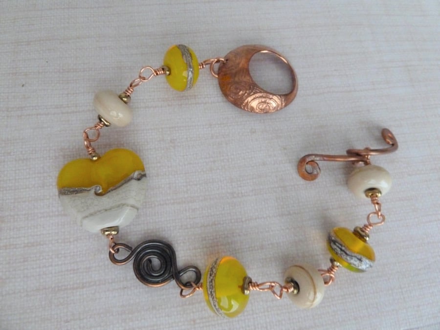 yellow lampwork heart bracelet, copper jewellery