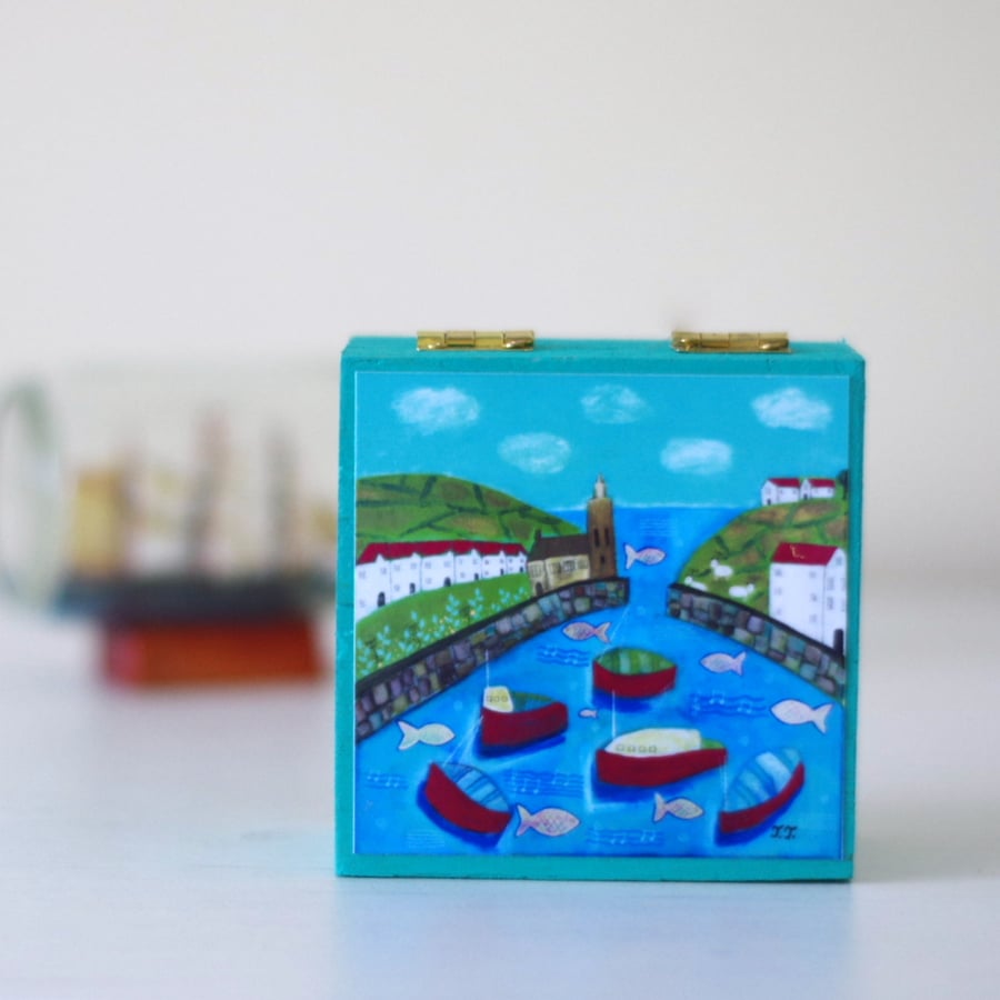 Nautical Style Trinket Box, Harbour Scene Art Print Decorative Box, Seascape Box