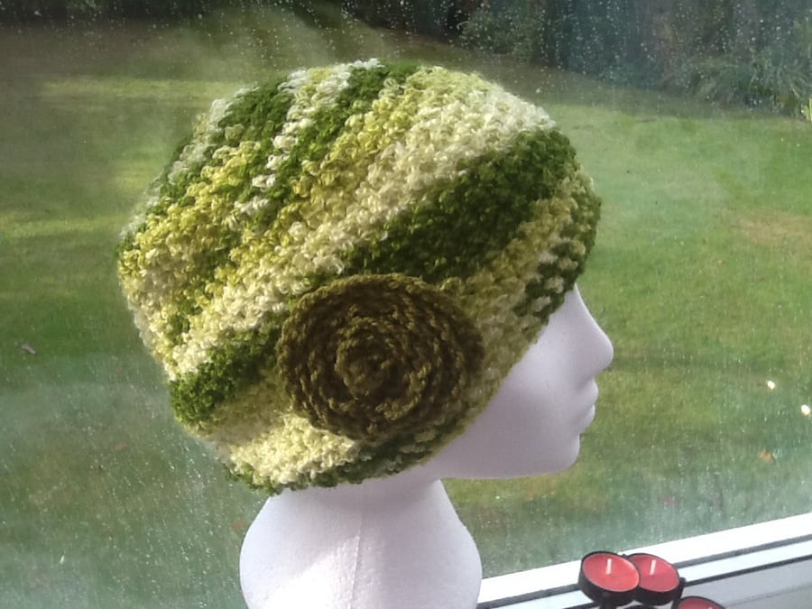 Sale! Green Marble!  Crocheted Slouchy style Hat with floral rosette decoration!