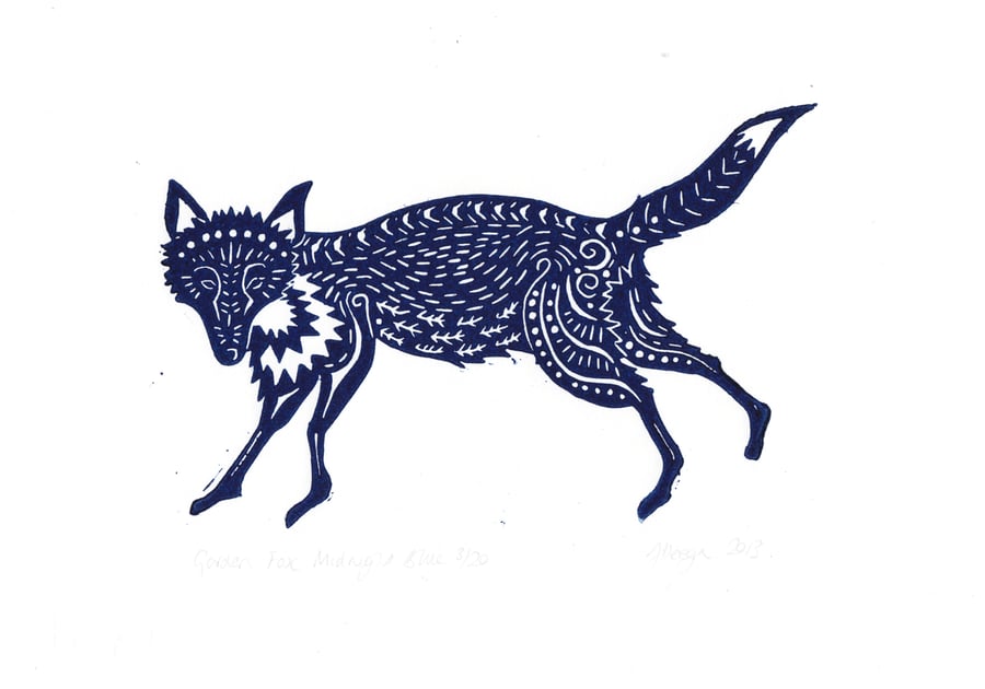Original lino cut print "Garden Fox in Midnight Blue"