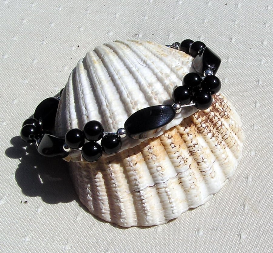 Black Agate & Black Onyx Crystal Gemstone Charka Beaded Bracelet "Magic"