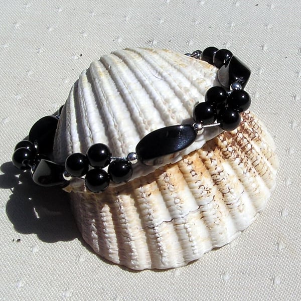 Black Agate & Black Onyx Crystal Gemstone Charka Beaded Bracelet "Magic"