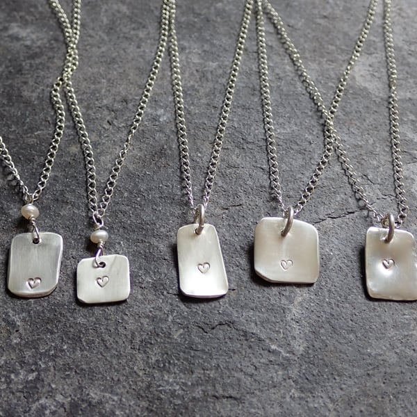 Heart Necklace, Sterling Silver, Hand Stamped