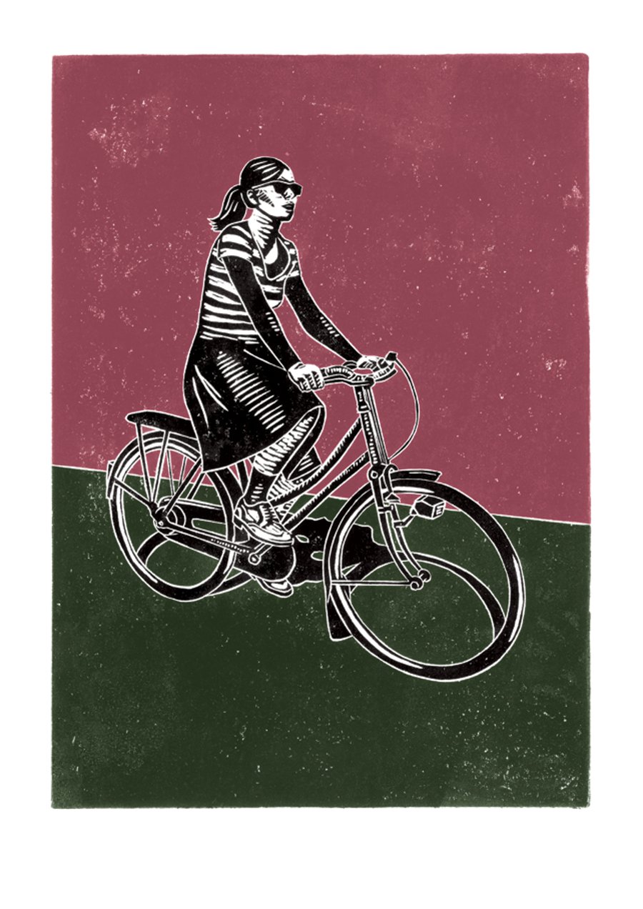 Cyclist No.2 A3 poster-print (dark pink and green-grey)