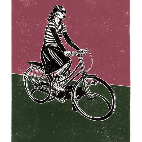 Cyclist No.2 A3 poster-print (dark pink and green-grey)
