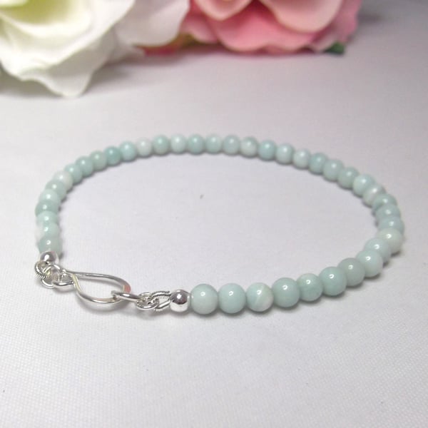 Amazonite gemstone bracelet of small round beads with recycled sterling silver