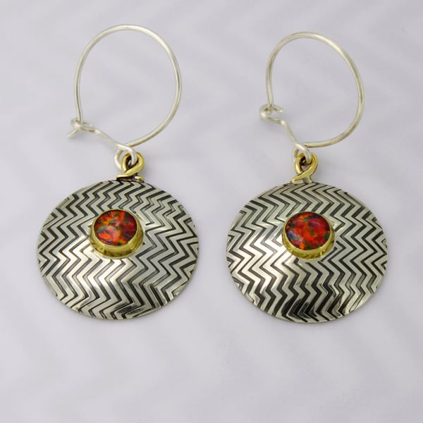 Zigzag sterling silver earrings, handmade with red Opal stones. Gemstone choice.