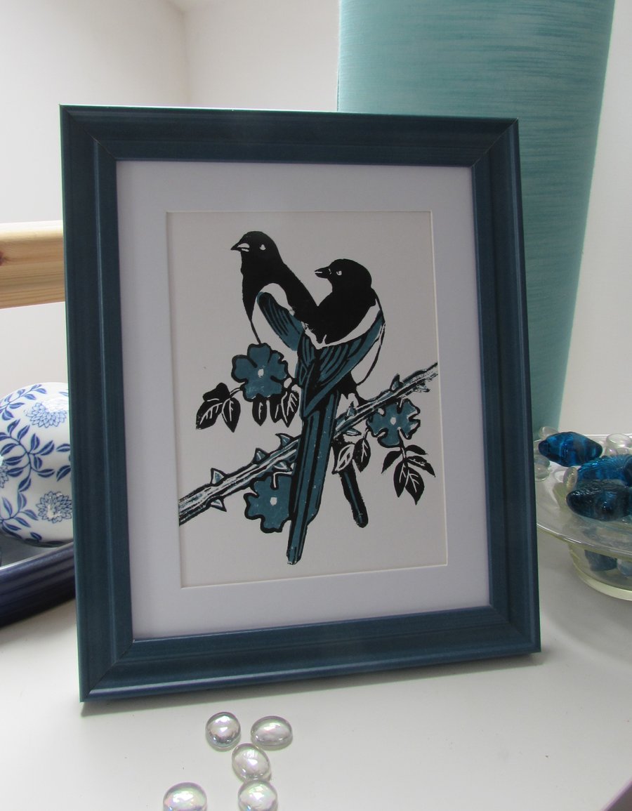 Handmade Linocut Print Magpies 'Two For Joy' Teal