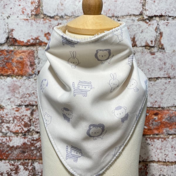 Baby Dribble Bib Bandana One Size Cotton Bamboo Towelling White Grey Baby Animal