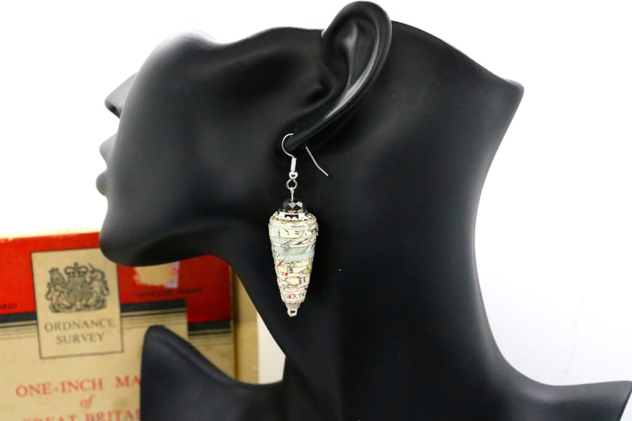 SOLDCone shaped earrings with sparkly top beads made with 1952 OS map of Chester