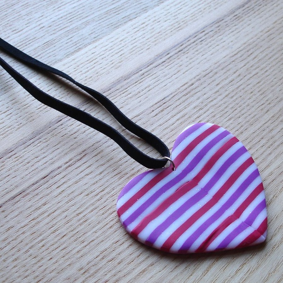 Raspberry Stripe Large Heart FIMO Polymer Clay Pendant