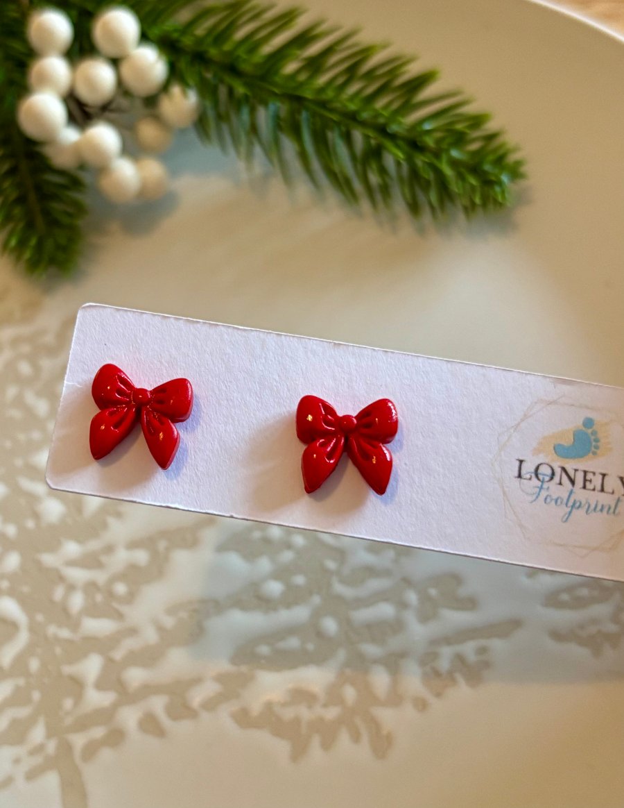 Red Bow Stud Earrings - Polymer Clay Handmade Jewellery 