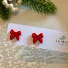 Red Bow Stud Earrings - Polymer Clay Handmade Jewellery 