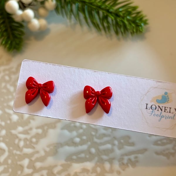 Red Bow Stud Earrings - Polymer Clay Handmade Jewellery 