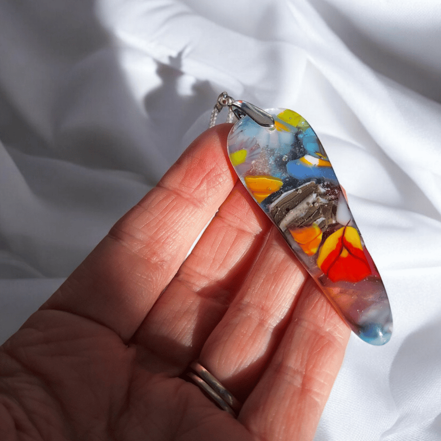 Handmade Fused Glass Pendant – Multicoloured Rainbow Necklace, Unique Statement 