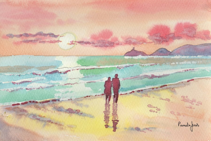 Tranquil Stroll, Swansea Bay, Mumbles - Watercolour Print in 8 x 6'' Mount