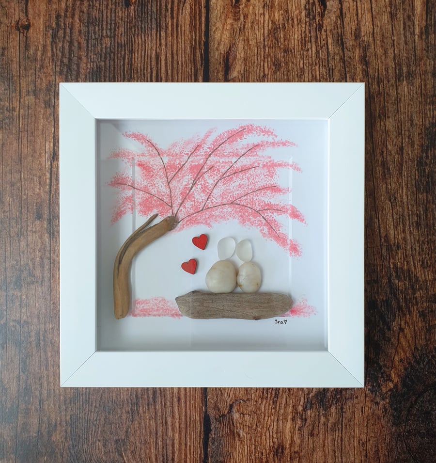 Sea glass, pebble and driftwood frame art "CHERRY BLOSSOMS"