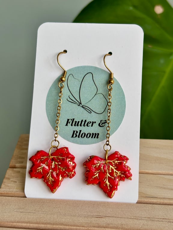 Red Leaf Earrings with Gold Detail – Handmade Autumn Jewellery