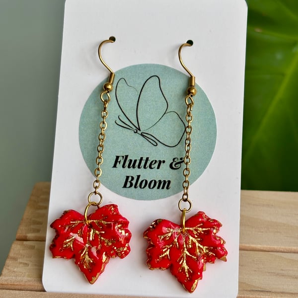 Red Leaf Earrings with Gold Detail – Handmade Autumn Jewellery