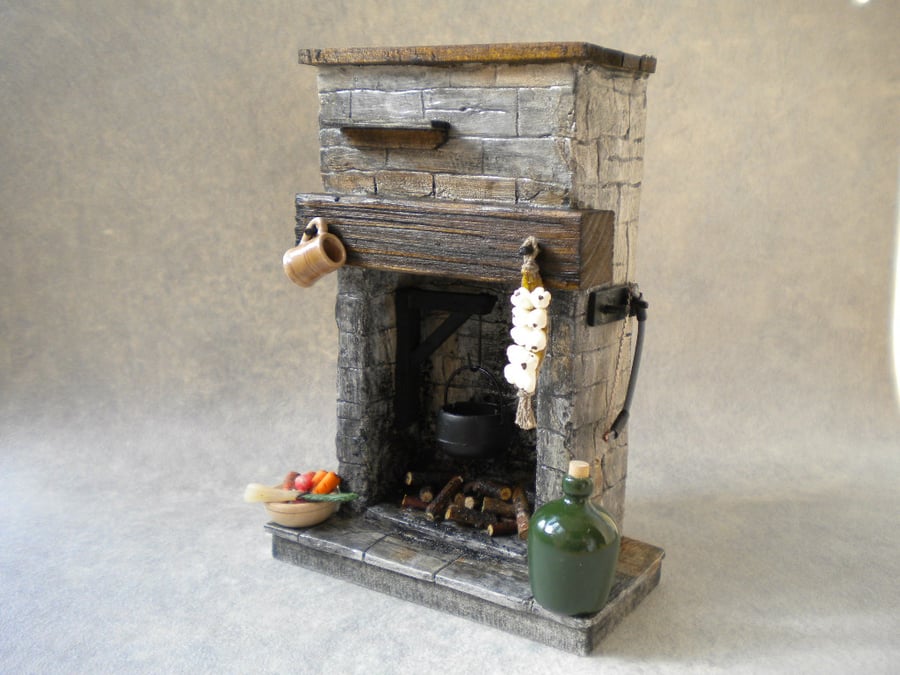 Dolls House Fireplace - Stone Kitchen Tudor, Medieval, Cottage, Rustic , 1:12th
