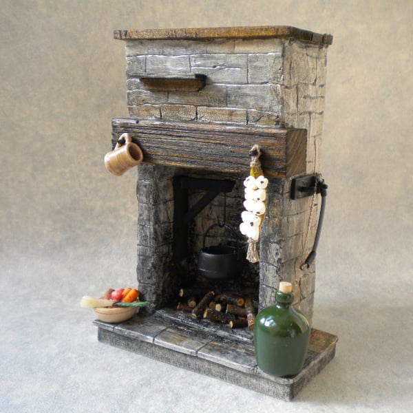 Dolls House Fireplace - Stone Kitchen Tudor, Medieval, Cottage, Rustic , 1:12th