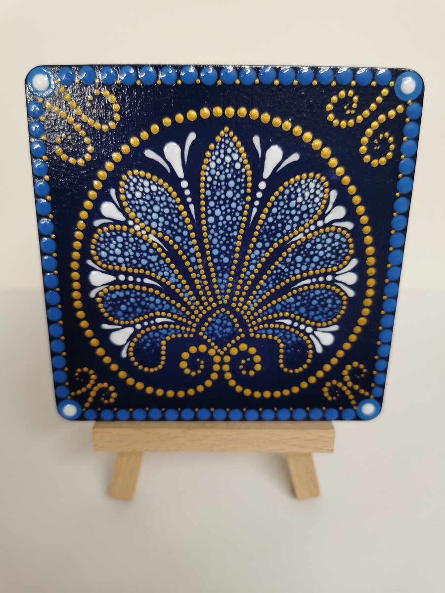 Hand painted blue and gold square mandala coaster