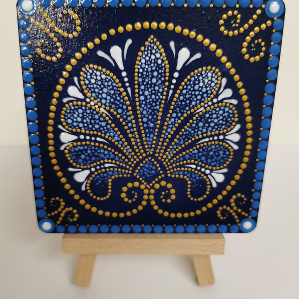 Hand painted blue and gold square mandala coaster