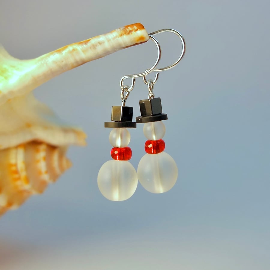 Glass Christmas Snowman Earrings, Secret Santa, Stocking Filler, Gifts For Her