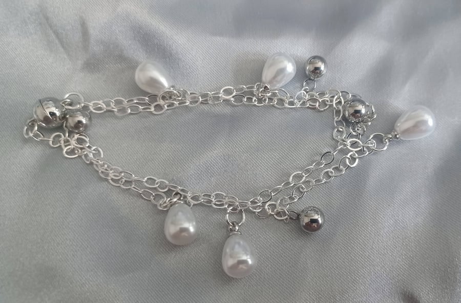 Double Wrapped Silver Charm Bracelet with Pearls and Beads
