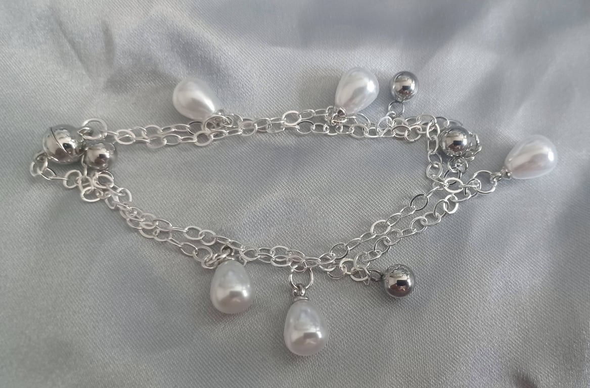 Double Wrapped Silver Charm Bracelet with Pearls and Beads