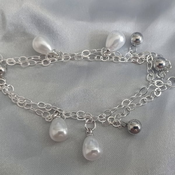 Double Wrapped Silver Charm Bracelet with Pearls and Beads