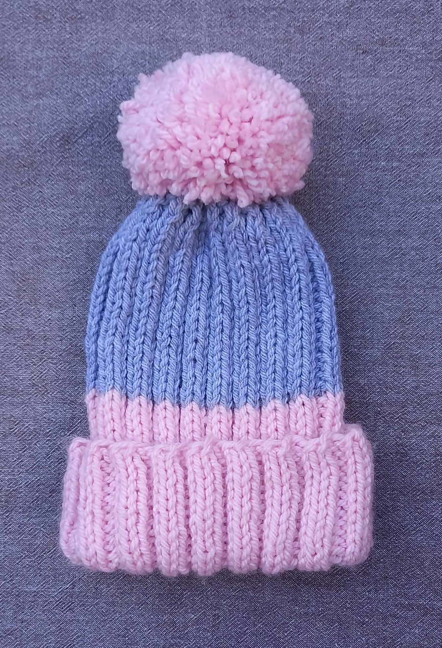 Adult ribbed bobble hat pink and grey with hand sewn chunky bobble