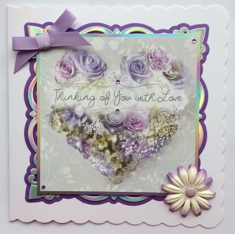 Thinking of You With Love Purple Heart Flowers 3D Luxury Handmade Card