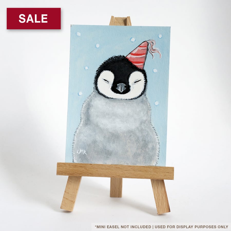 SALE - Original ACEO - Emperor Penguin Chick in a Party Hat