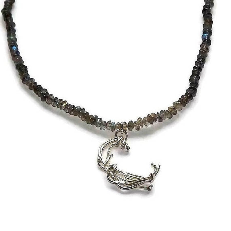 Labradorite bead necklace with handmade sterling silver pendant