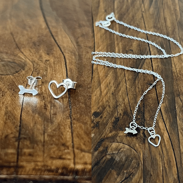 Handmade Heart & Arrow Stud Earrings and Pendant Set