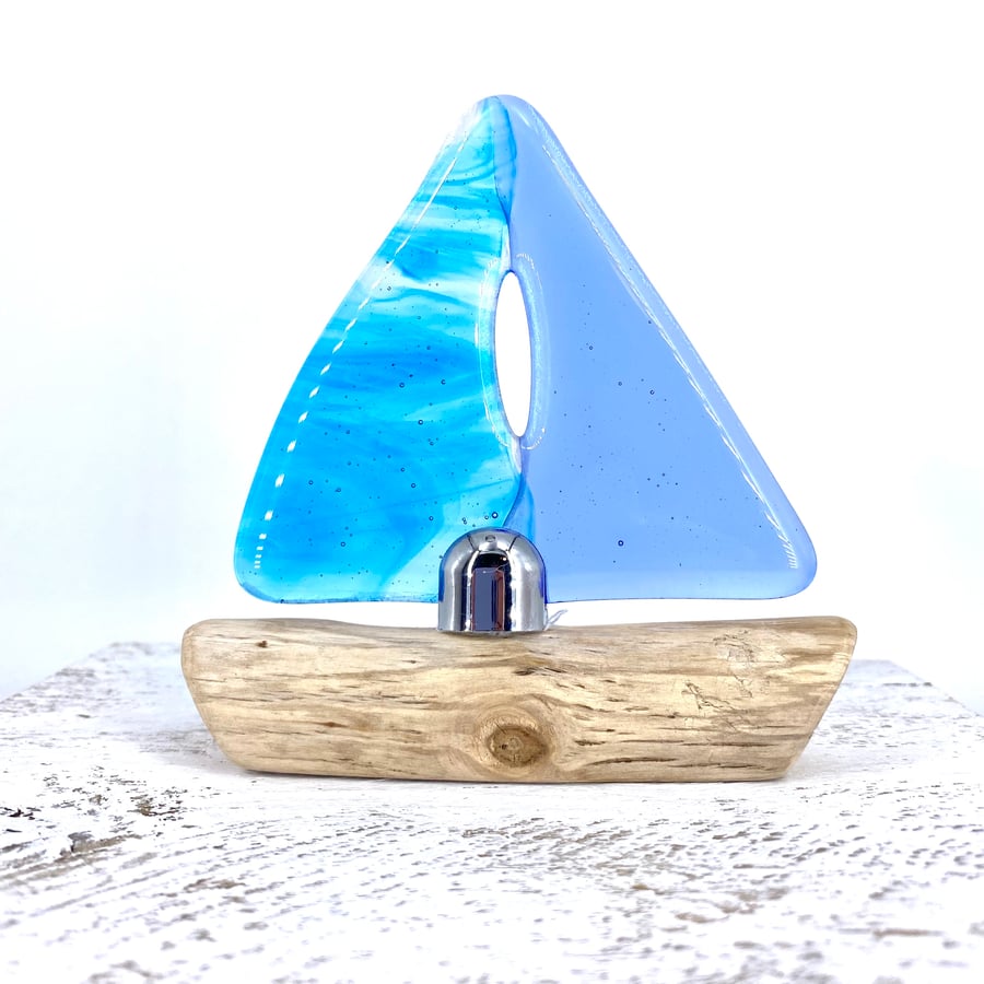 Fused Glass & Drift Wood Sailing Boat 