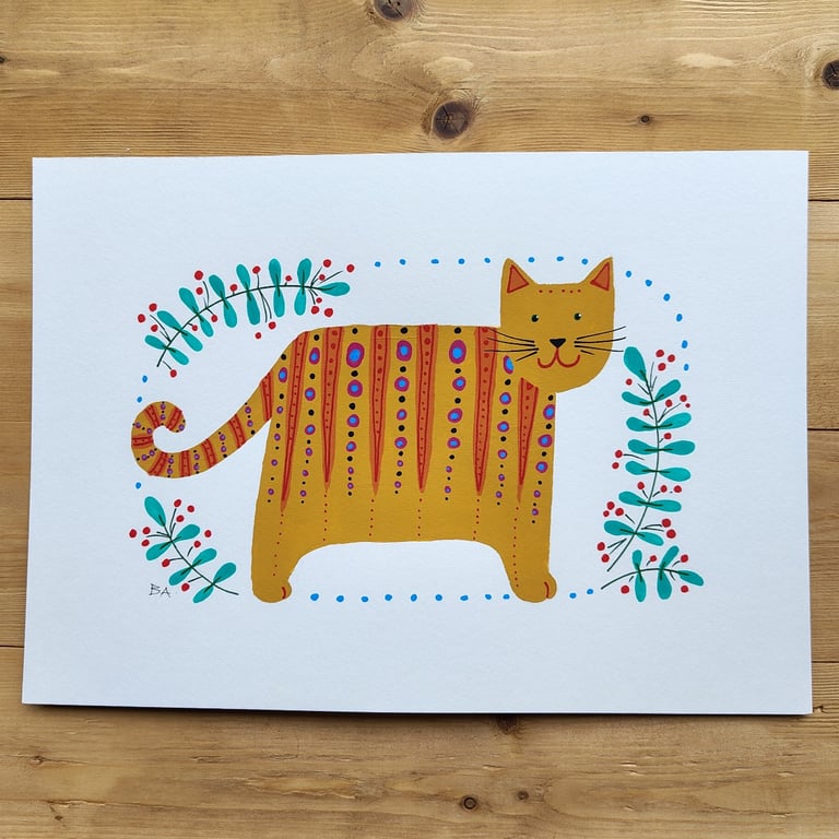 Ginger cat original painting in acrylic, folk art feline, A4 