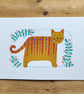 Ginger cat original painting in acrylic, folk art feline, A4 